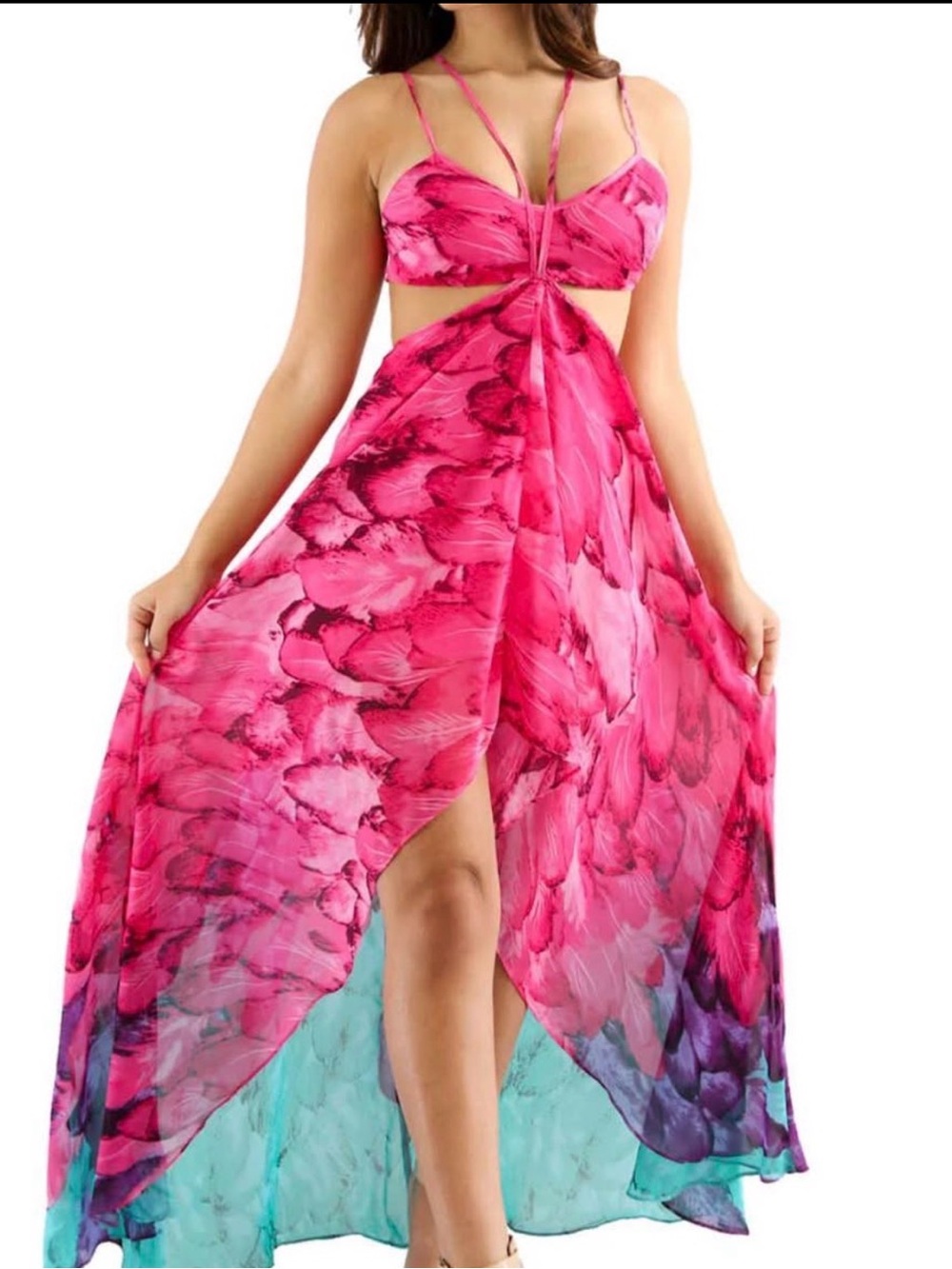 Luxxel Fuchsia Floral High-Low Maxi Dress with Aqua Accents